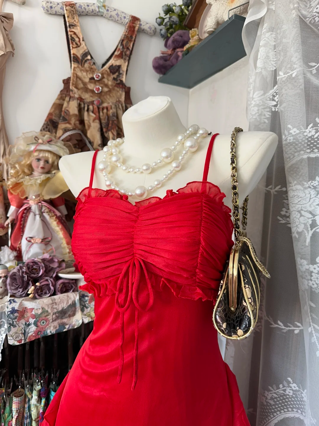 Red suspender waist slim satin sexy long skirt ball gown R6175