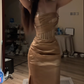 Gold strapless, cinched waist, boning, bodycon, sexy, long, elegant ball gown R8083