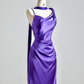 Purple halter-neck satin fitted long elegant ball gown R8147