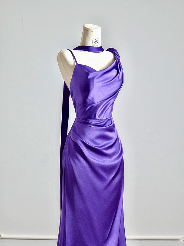 Purple halter-neck satin fitted long elegant ball gown R8147
