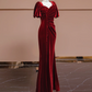 Deep red square neckline fitted waist long ball gown, bridal dress R8313