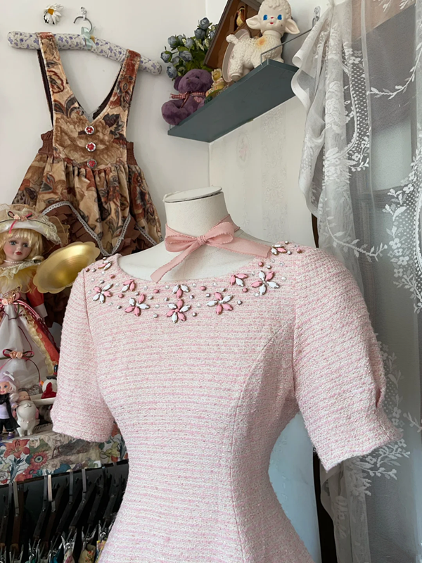 Pink short-sleeved fitted A-line mini skirt, prom dress R6334