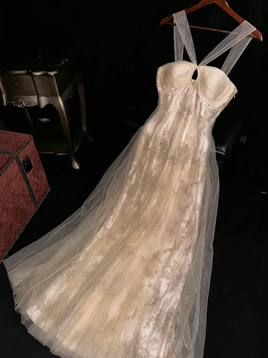 Apricot halter-neck fitted long ball gown R7053