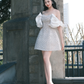 Silver tube top gentle sequin pearl waist sexy A-line short skirt homecoming dress R4191