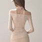 Halter Off-Shoulder Long Sleeve Dress With Ruched Skirt And Mesh Detail R9283