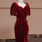 Deep red square neckline fitted waist long ball gown, bridal dress R8313