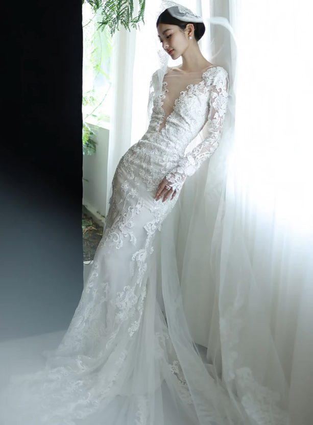 White lace V-neck waist slim sexy long dress bridal dress R6055