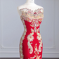 Red, heavy-duty strapless, fitted waist, vintage embroidered long ball gown/bridal dress R8254