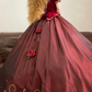 Red Retro Floral-Patterned Waist-Cinched Puffy-Hem Long-Length Ball Gown, Bridal Gown R7327