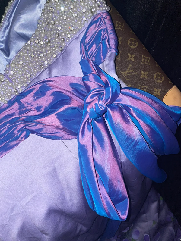 Purple strapless beaded fitted long ball gown R6973