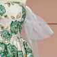 Retro strapless green floral print fitted waist puff skirt long ball gown R8375