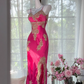 Rose pink halter-neck fitted long ball gown R7648