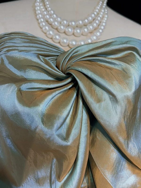 Light green gilded satin bow strapless design waisted mid-length skirt homecoming dress R5002