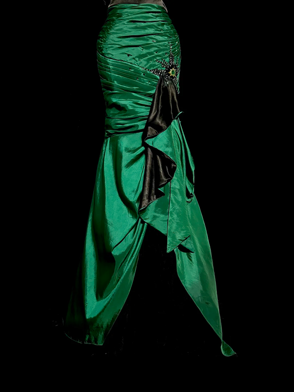 Green strapless rhinestone-embellished, fitted, hip-hugging ball gown R6614