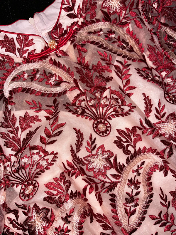 White lining with red floral embroidery, mid-length ball gown R6853