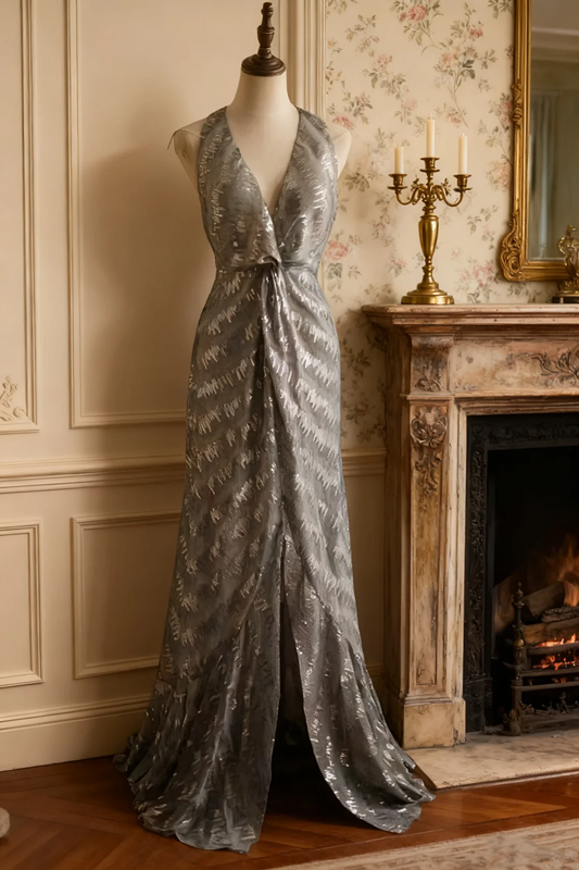 Grey halter-neck sequined fitted long ball gown R6734