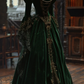 Green square neckline, fitted waist, elegant retro long ball gown R7206