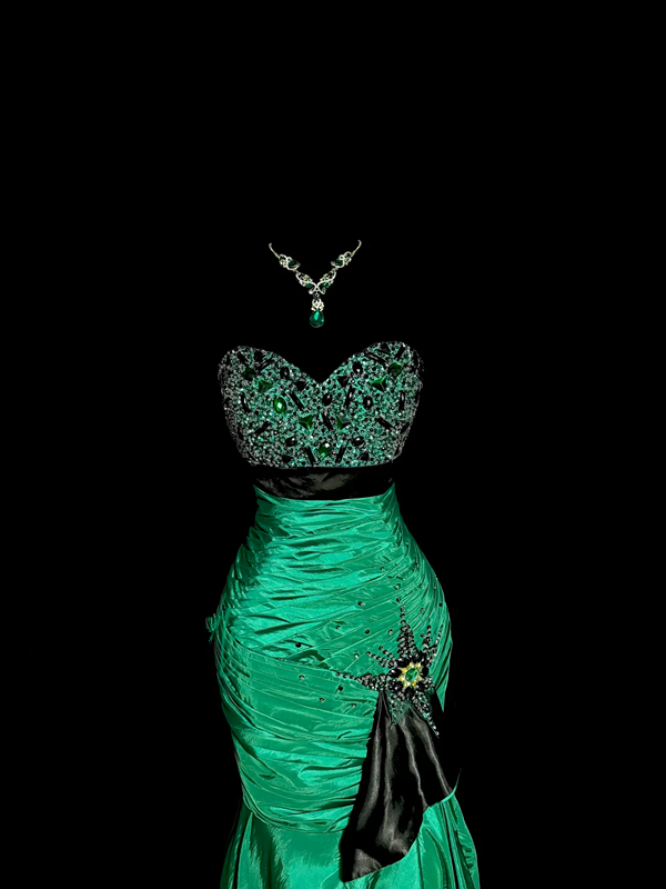 Green strapless rhinestone-embellished, fitted, hip-hugging ball gown R6614