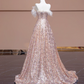 Light pink off-the-shoulder neckline, fitted waist, long flowing skirt, ball gown, bridal dress R8341