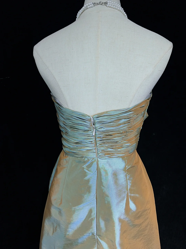 Light green gilded satin bow strapless design waisted mid-length skirt homecoming dress R5002