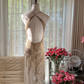 Light apricot halter neck, fitted waist, backless, sexy rhinestone long ball gown R7760