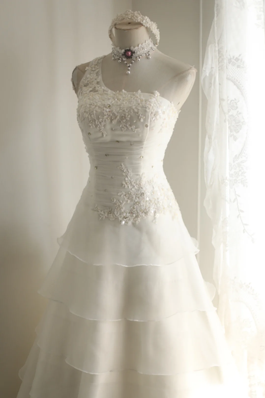 White strapless fitted waist slim-fitting cake skirt long ball gown/bridal dress R6773