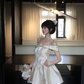 Champagne color one-shoulder slim waist A-line short skirt homecoming dress R5082