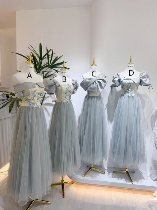 Gray-blue waist-cinched, slim-fit ball gown with chiffon skirt, bridesmaid dress R5935