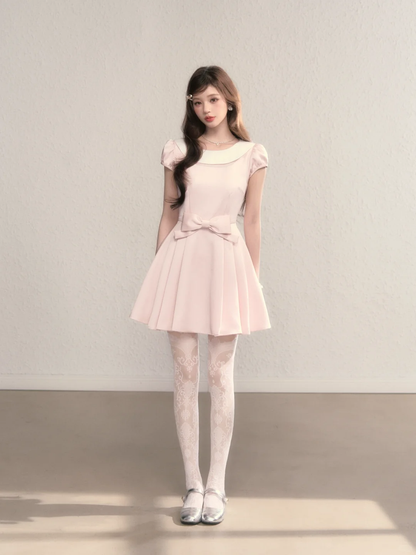 Pink baby doll collar slim waist A-line short skirt homecoming dress R5403