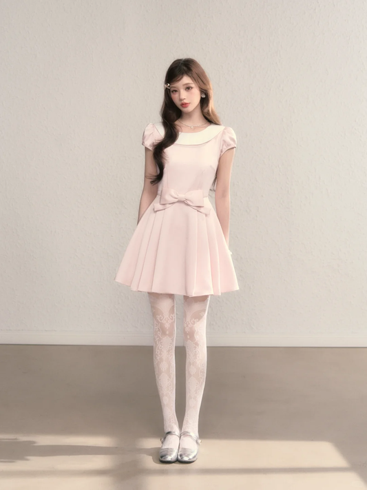 Pink baby doll collar slim waist A-line short skirt homecoming dress R5403