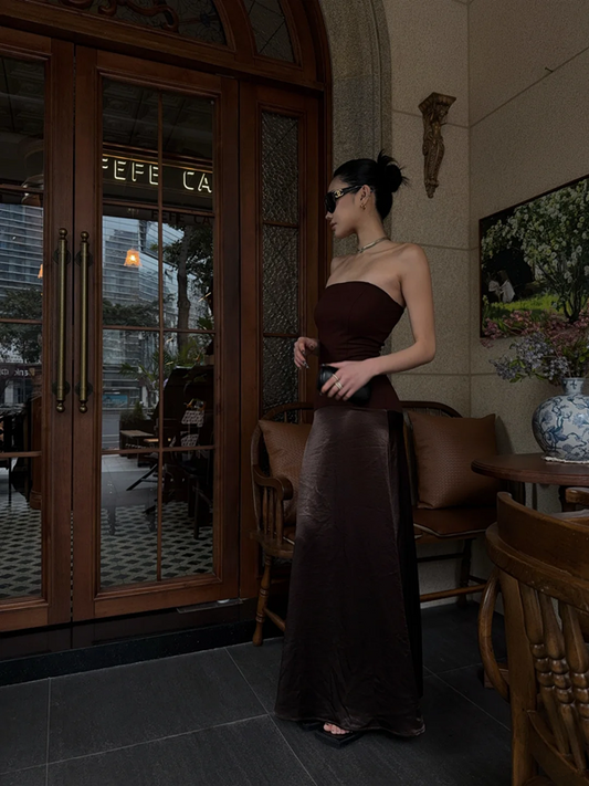 Brown strapless fitted long ball gown R8860