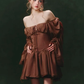 Brown one-shoulder long-sleeved retro waist sexy short skirt homecoming dress R4841