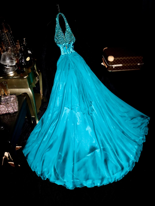 Lake blue halter neck fitted waist sexy long ball gown R7013