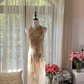 Light apricot halter neck, fitted waist, backless, sexy rhinestone long ball gown R7760
