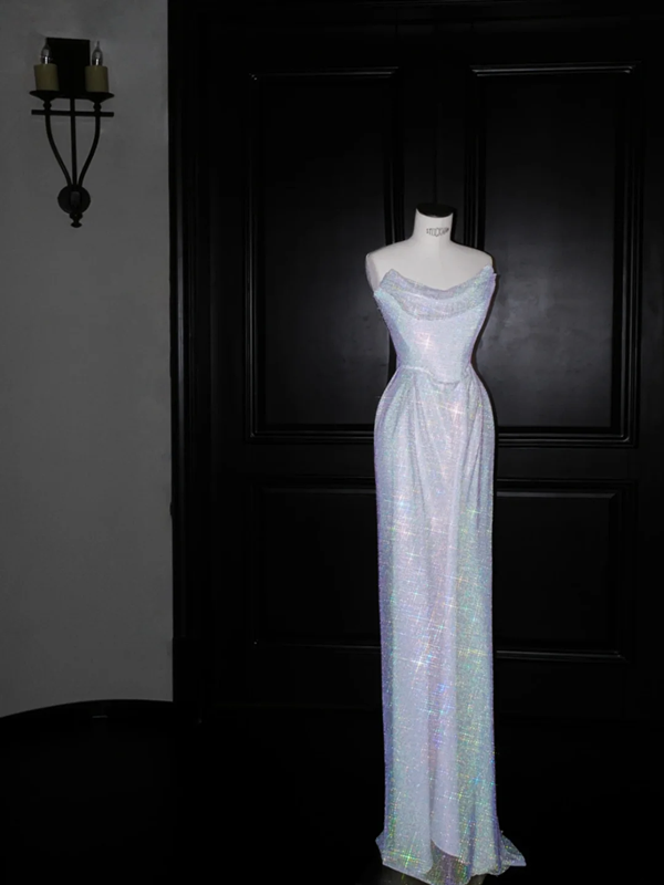 White sequined tube top slim waist sexy long skirt, prom dress R5659