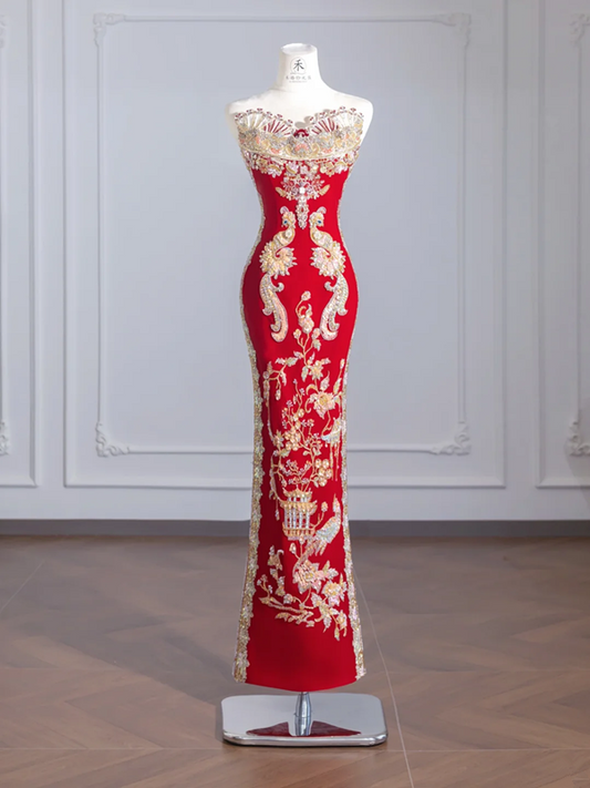 Red, heavy-duty strapless, fitted waist, vintage embroidered long ball gown/bridal dress R8254