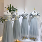 Gray-blue waist-cinched, slim-fit ball gown with chiffon skirt, bridesmaid dress R5935