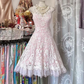 Light pink lining with white lace skirt, fitted waist, mid-length ball gown R7840
