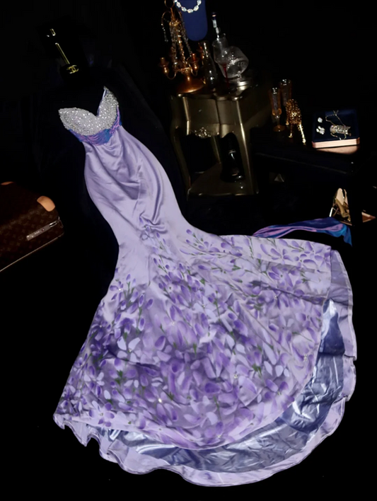 Purple strapless beaded fitted long ball gown R6973