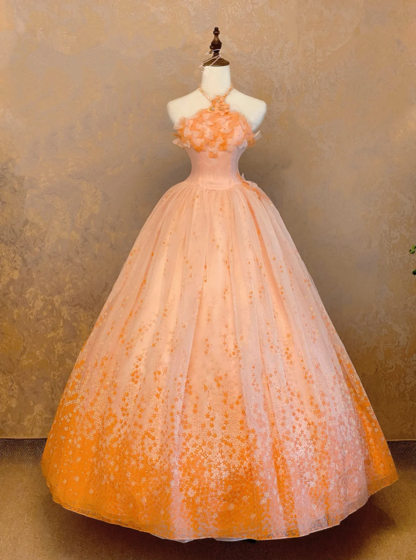 Orange halter neck, fitted waist, flared skirt, ball gown, bridal gown R7226