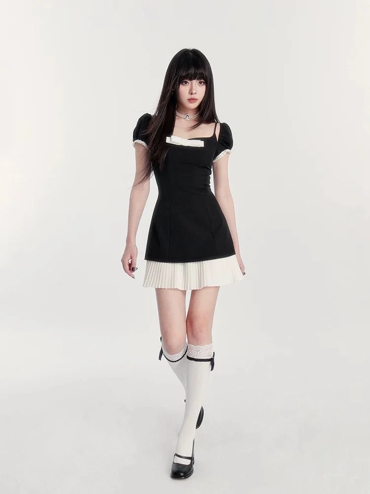 Black square neck slim waist A-line short skirt homecoming dress R5374