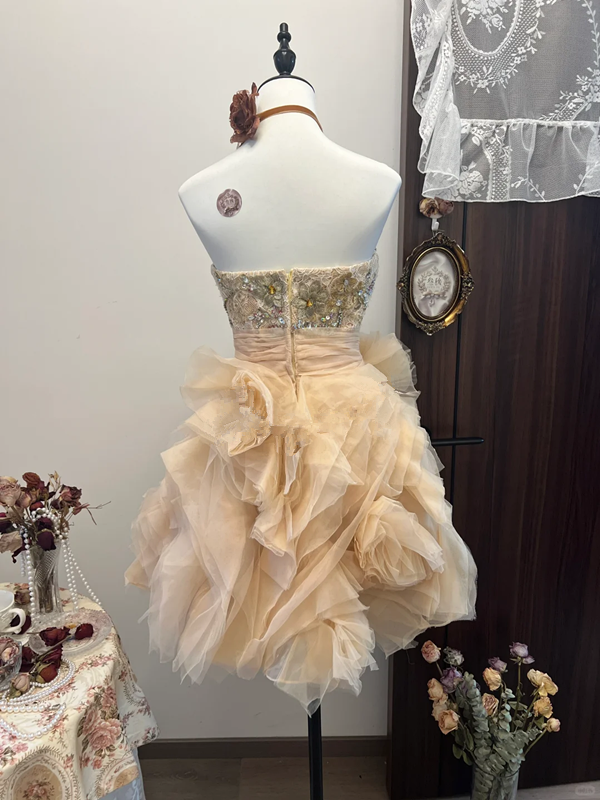 Orange tube top embroidered flower waist slim fit fluffy tulle cute princess skirt homecoming dress R4311