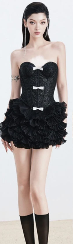 Black tube top lace fishbone design puffy cake skirt homecoming dress R4715