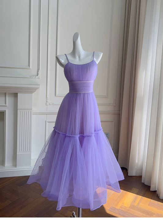 Purple suspender waist slim chiffon long skirt homecoming dress R5043