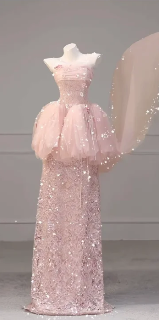 Pink strapless fitted top and sequined straight skirt set, prom dress R6454