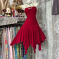 Red strapless fitted waist slim-fitting short ball gown with an asymmetrical hem R7801