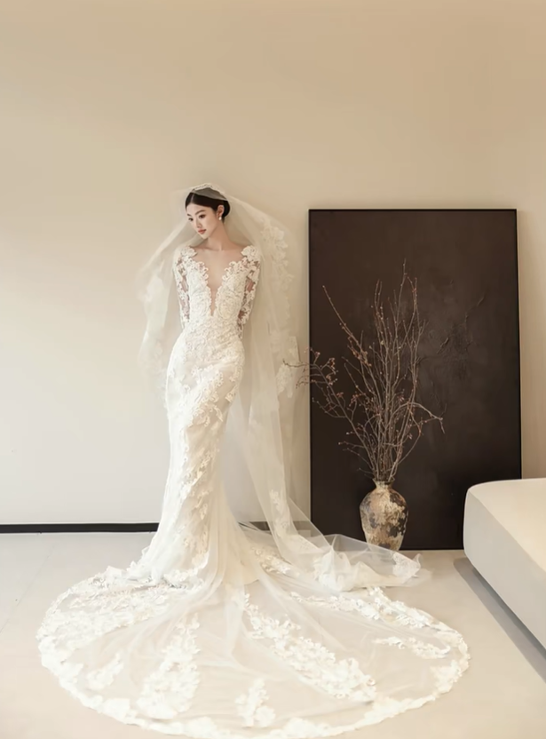 White lace V-neck waist slim sexy long dress bridal dress R6055