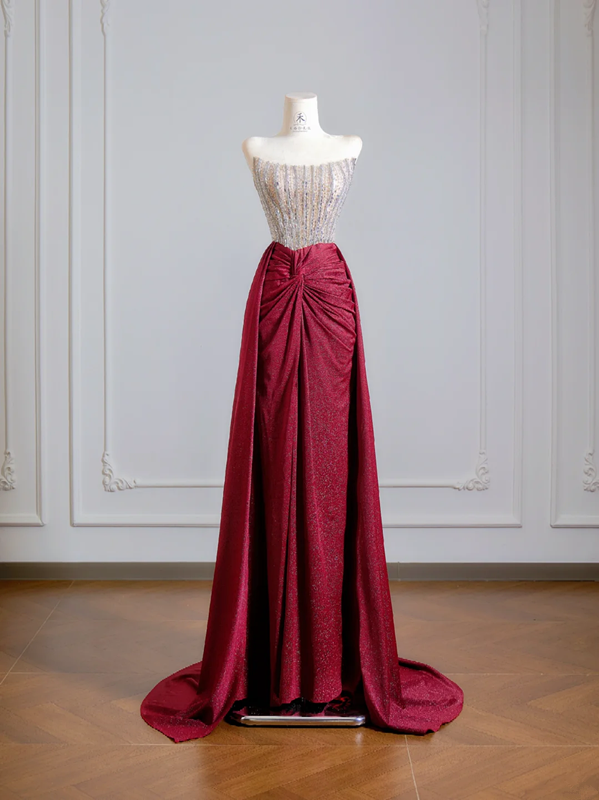Silver strapless fitted bodice with burgundy long skirt, a formal ball gown/bridal dress R8525
