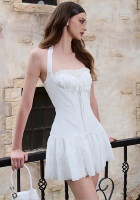 White halter neck slim waist vitality cute A-line short skirt homecoming dress R4674