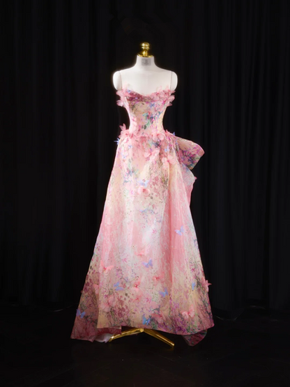 Pink floral print strapless fitted long ball gown, bridal dress R8920